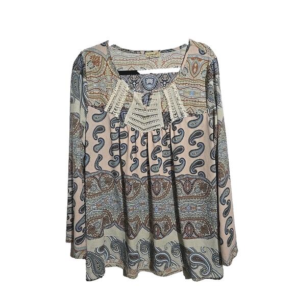 One World Blue Paisley Relaxed Long Sleeve Boho Peasant Top Womans Plus Size 2X - Picture 1 of 6